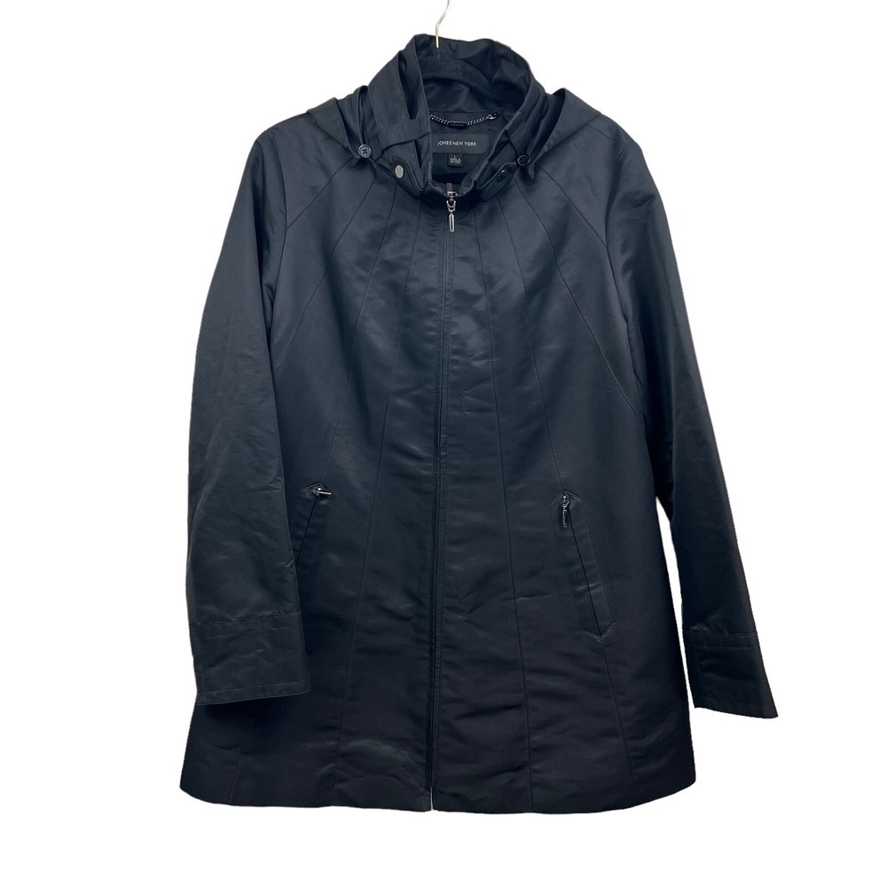 Jones New York Jacket Detachable Hood Lined Zip Up Pockets Black Women Size L*